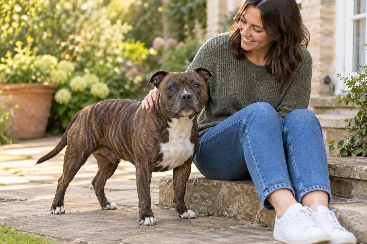 Owner seated beside a brindle dog in a leafy outdoor setting