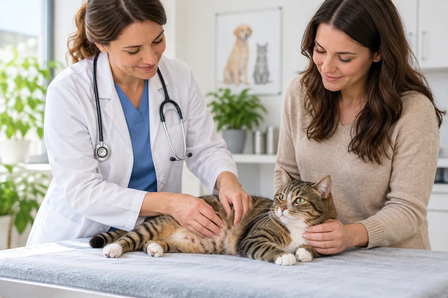 Veterinarian examining a tabby cat beside its owner